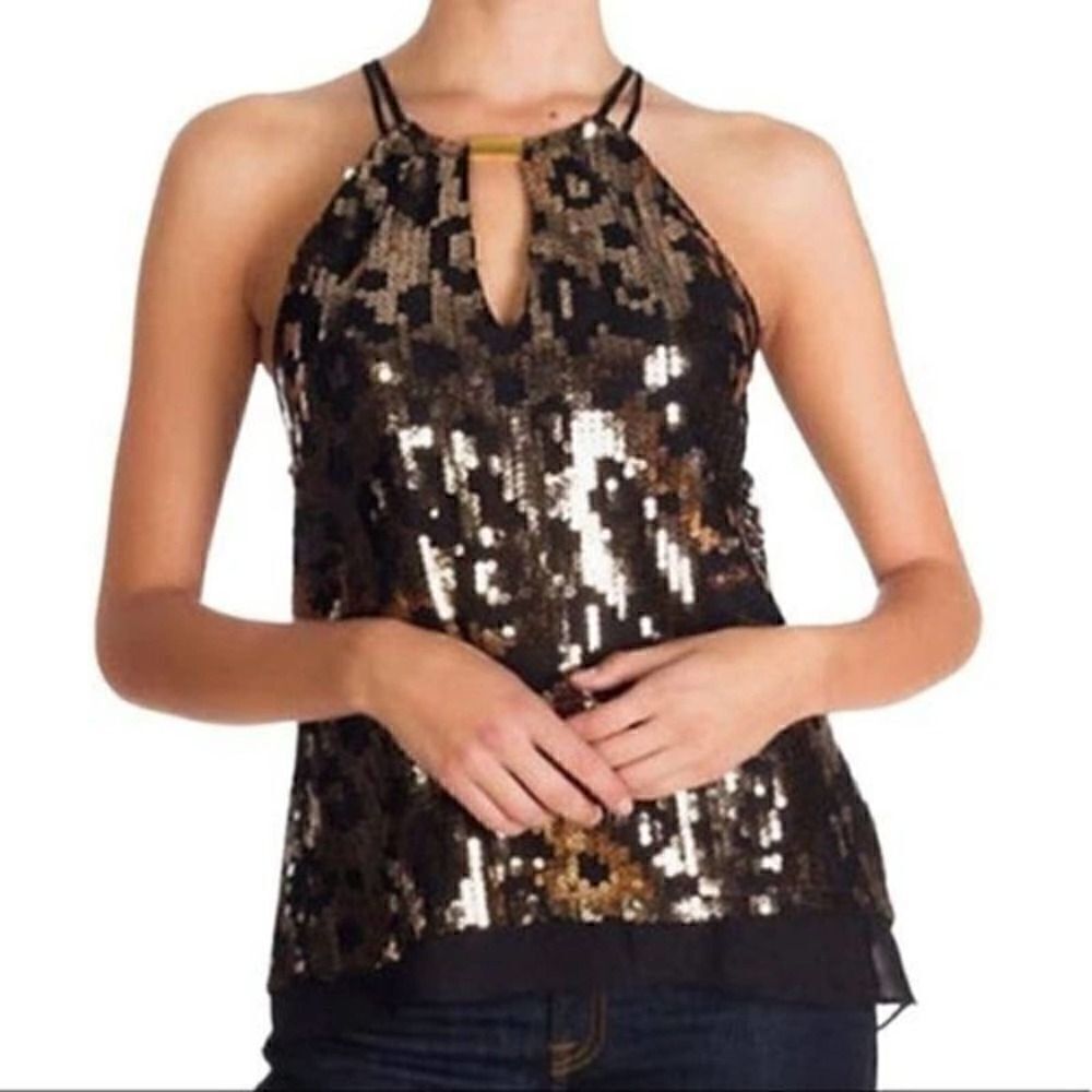 Guess Los Angelos S/L split neck halter top gold sequin Halter size M